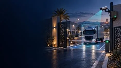 Entrée logistique avec camion et barrière (illustration)